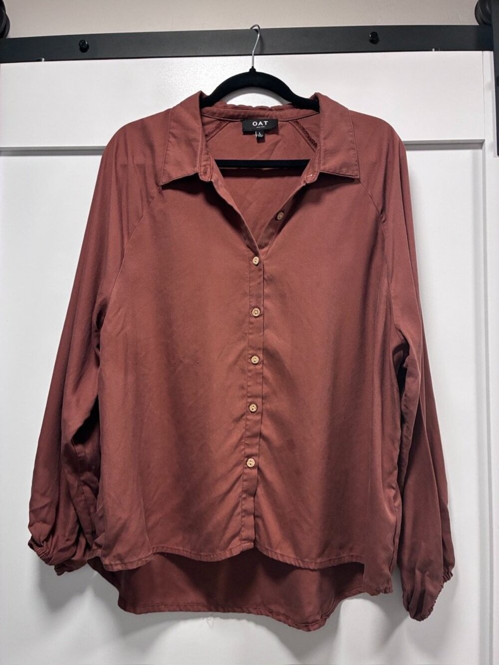 OAT New York Rust Button Up Blouse Balloon Sleeve L